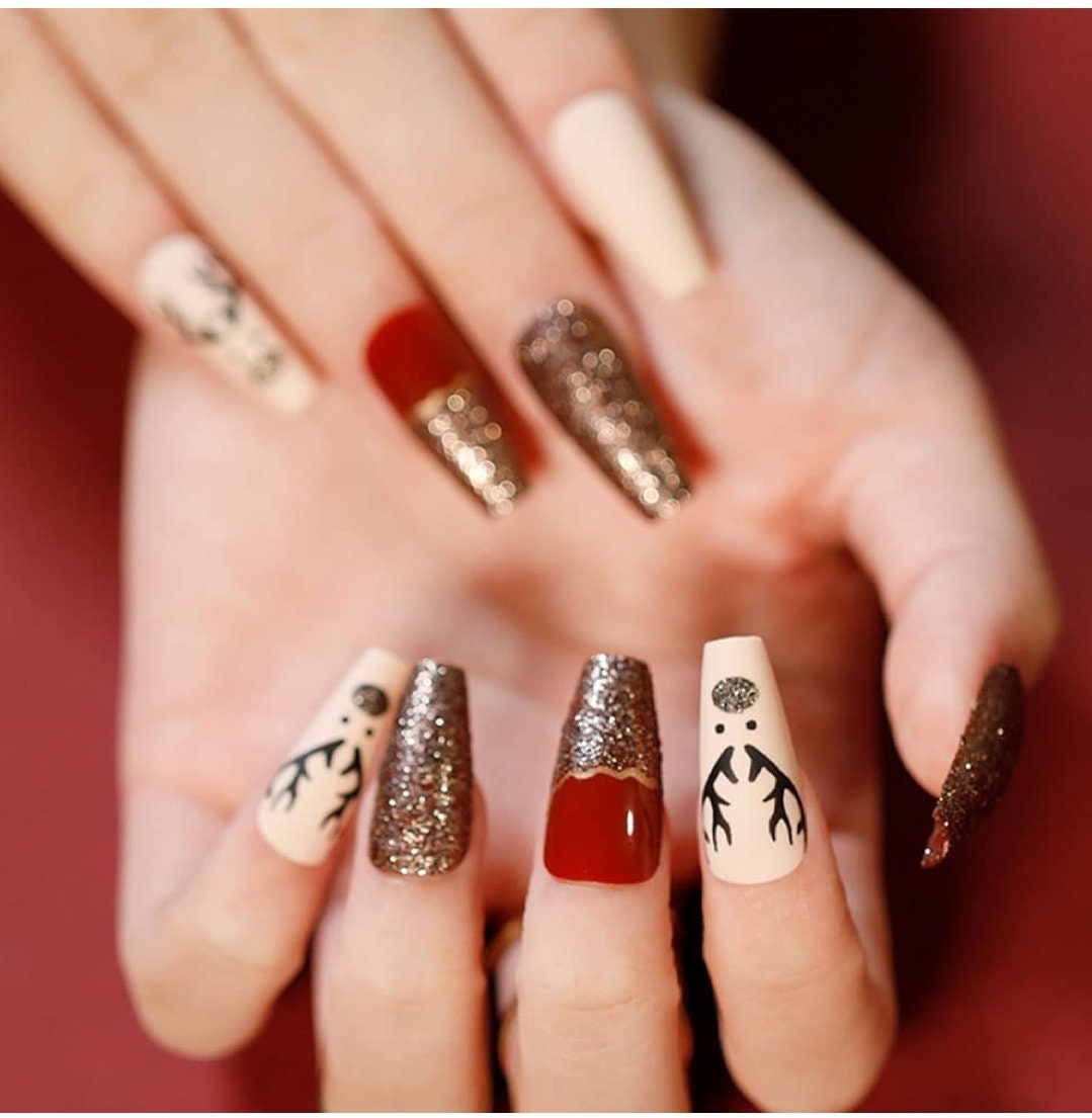 24 Holiday Christmas Press on nails kit glue on snow flake gingerbread festive Xmas long tree reindeer glitter