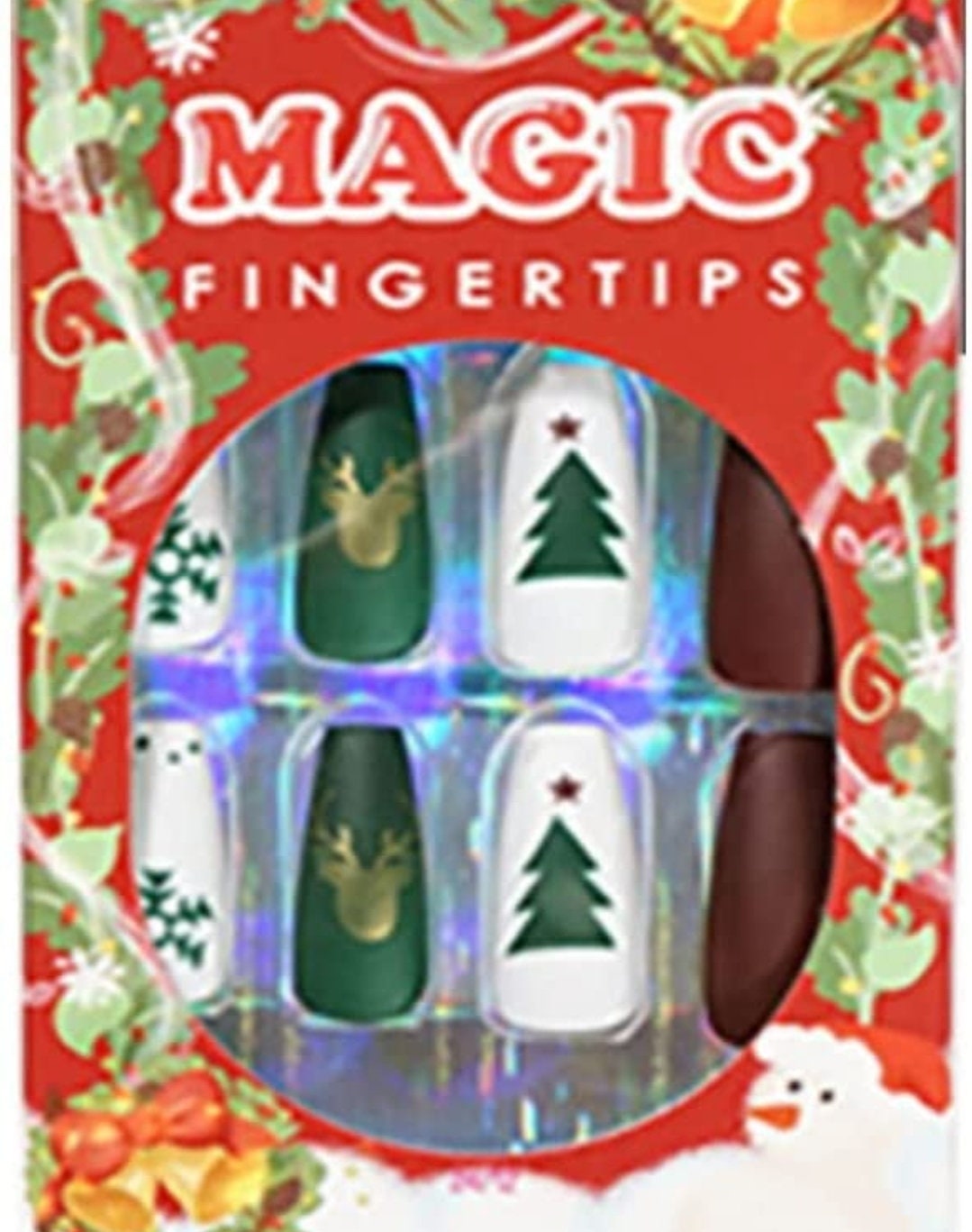 24 Holiday Christmas Press on nails kit glue on snow flake gingerbread festive Xmas long tree reindeer glitter