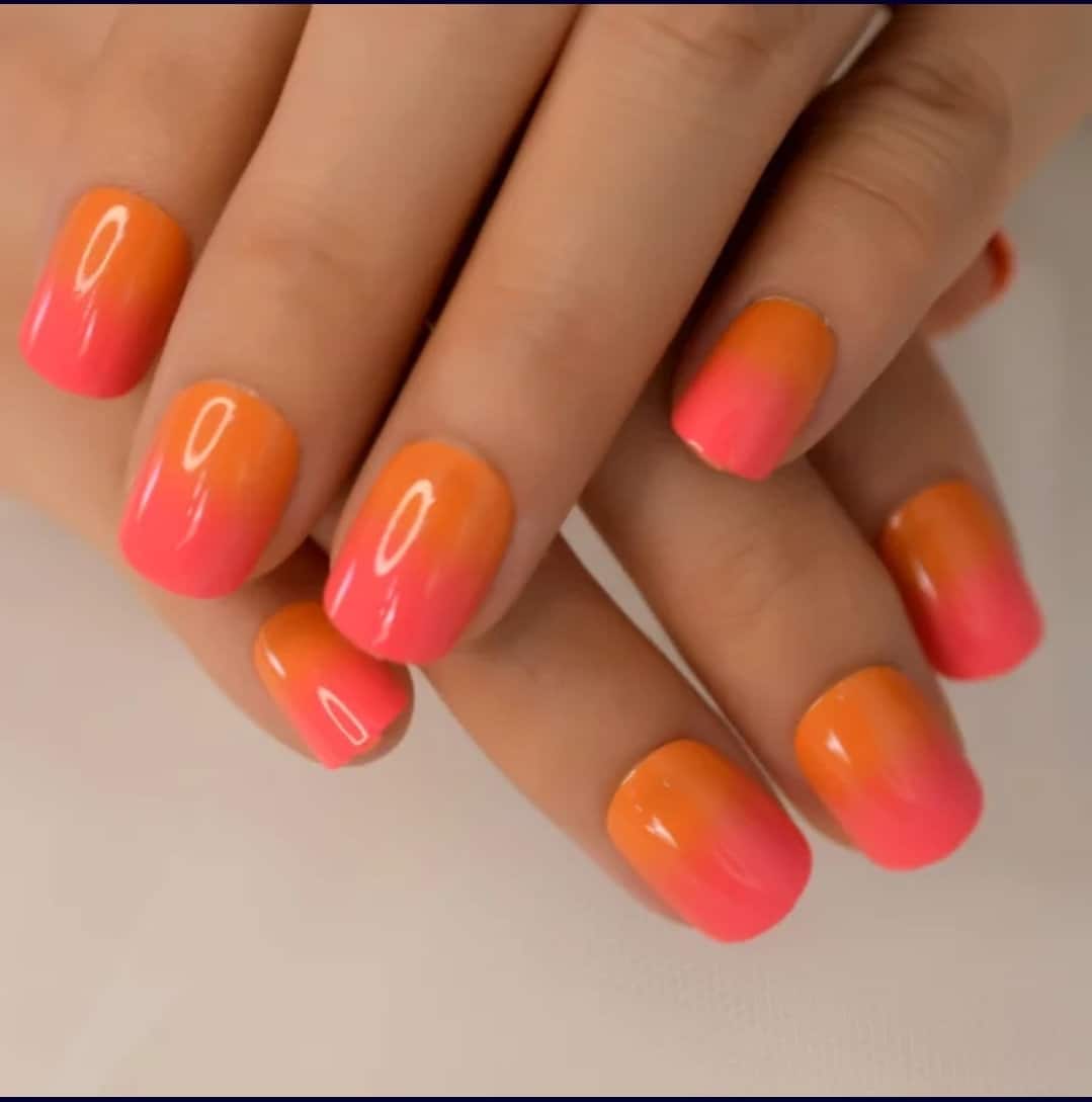 Short press on nails – fire ombre neon orange and pink gel shine, 24-piece two-tone manicure surethings