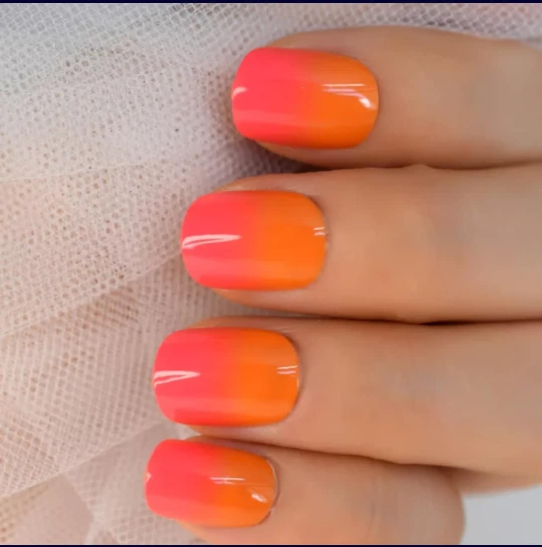 Short press on nails – fire ombre neon orange and pink gel shine, 24-piece two-tone manicure surethings
