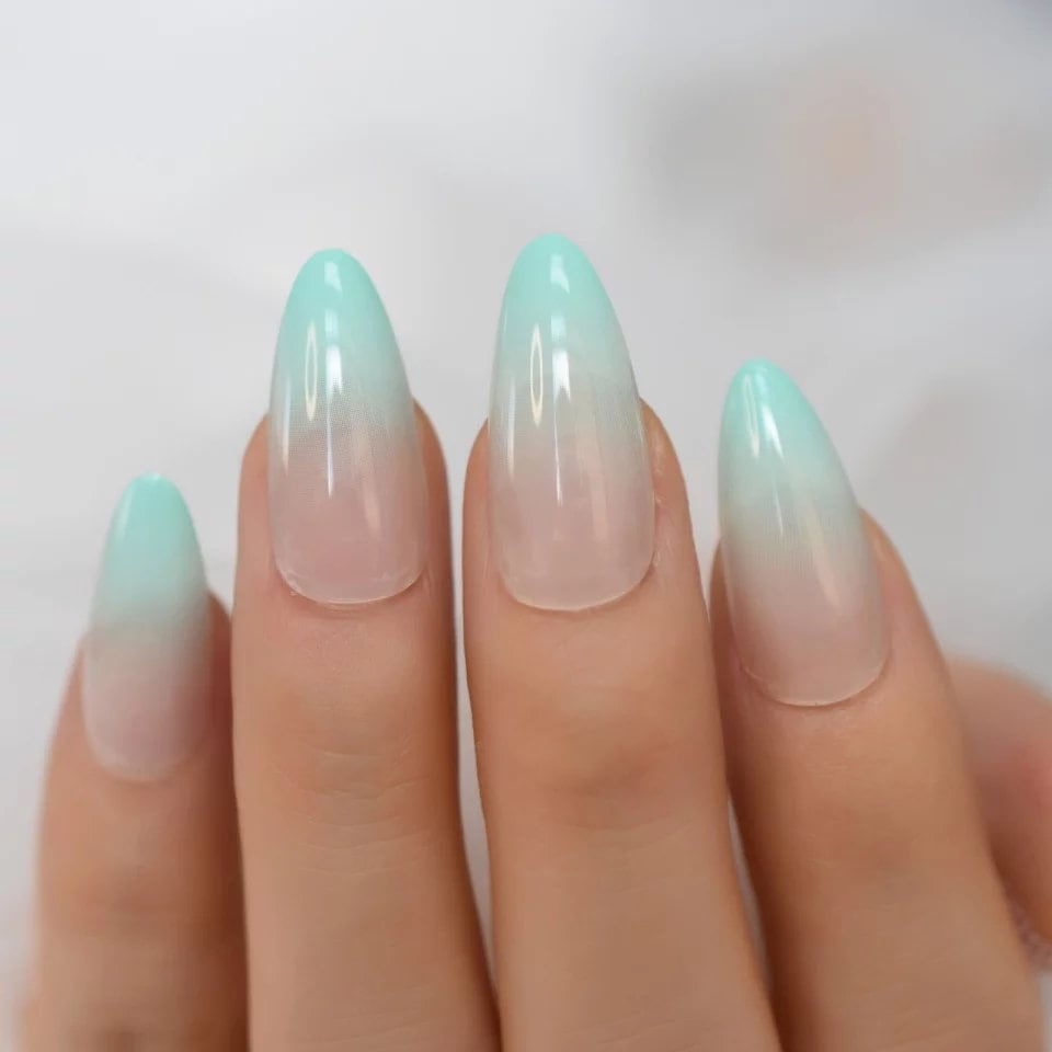 24 Mint Ombre Long Press-On Nails in Nude Green with Stiletto Almond French Tip Design surethings