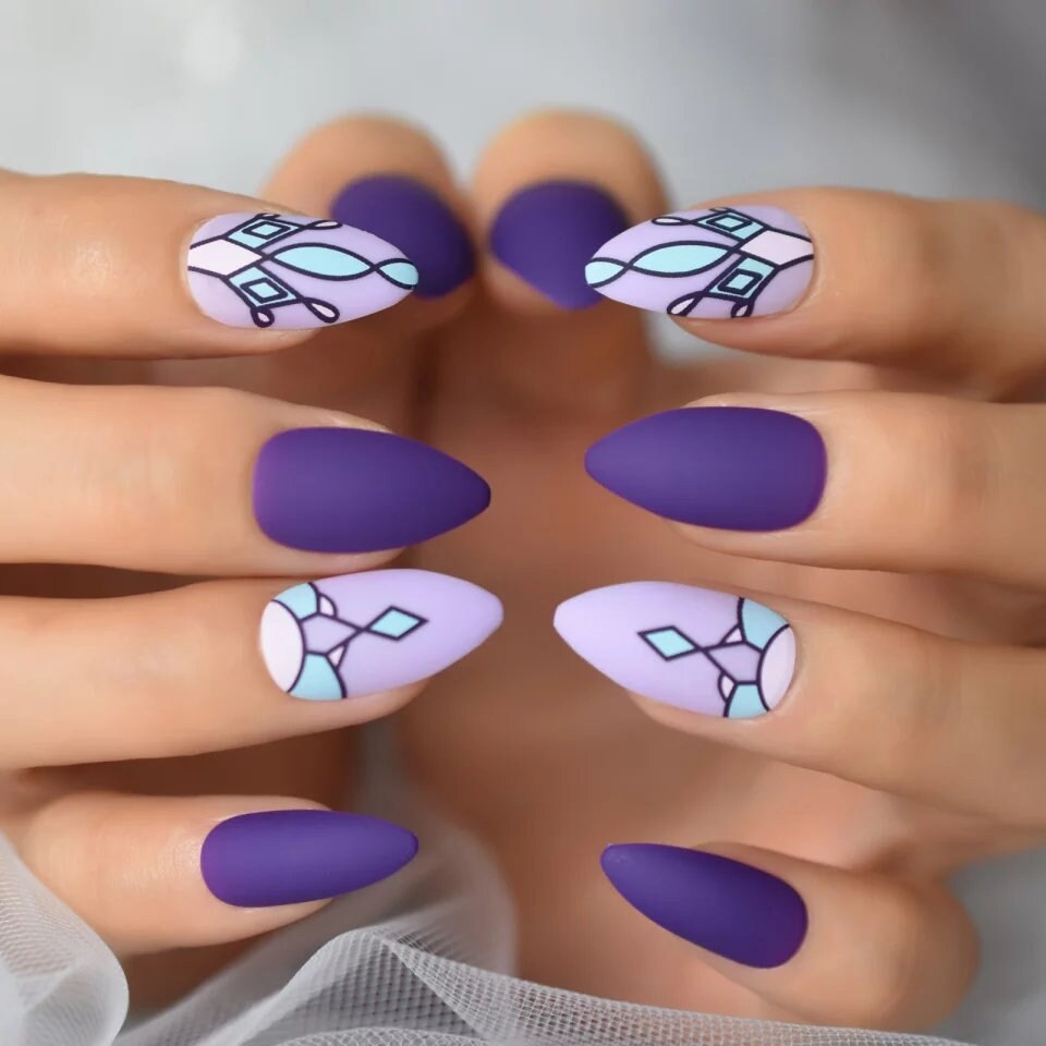 Purple stained-glass design long press-on nails kit – 24PCS matte glitter gothic almond nails with glue surethings