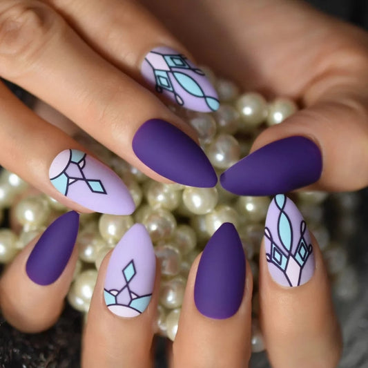 Purple stained-glass design long press-on nails kit – 24PCS matte glitter gothic almond nails with glue surethings