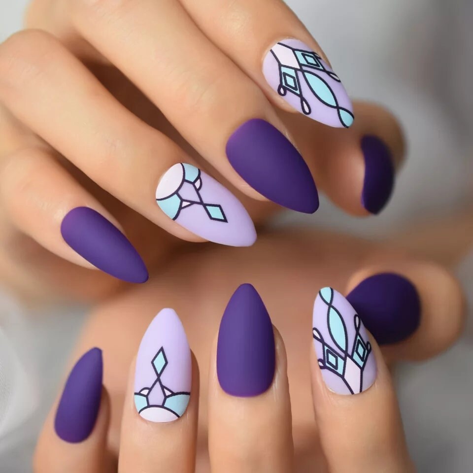 Purple stained-glass design long press-on nails kit – 24PCS matte glitter gothic almond nails with glue surethings