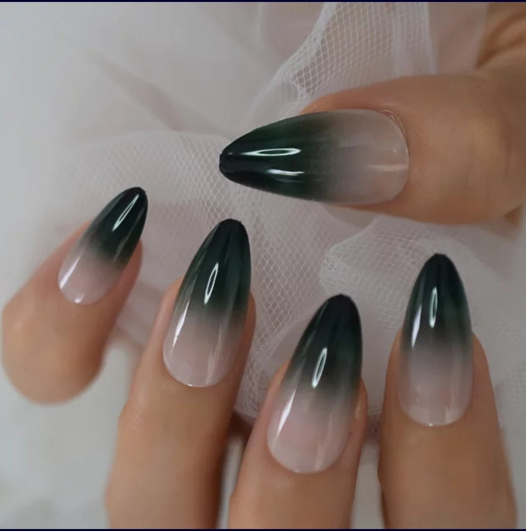 Green Ombre Long Press On Nails – Nude French Tip Stiletto Almond Shape Glue On surethings