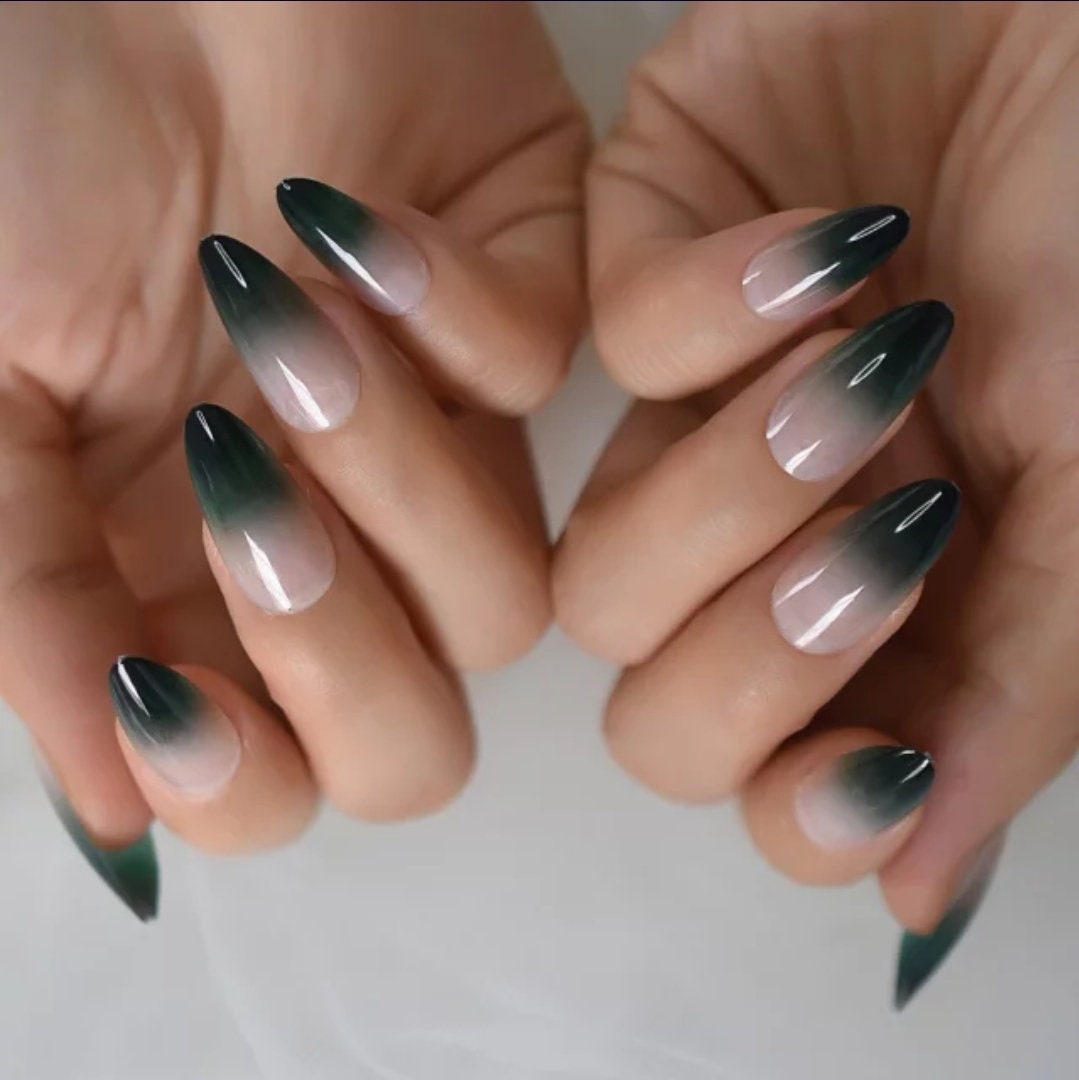 Green Ombre Long Press On Nails – Nude French Tip Stiletto Almond Shape Glue On surethings