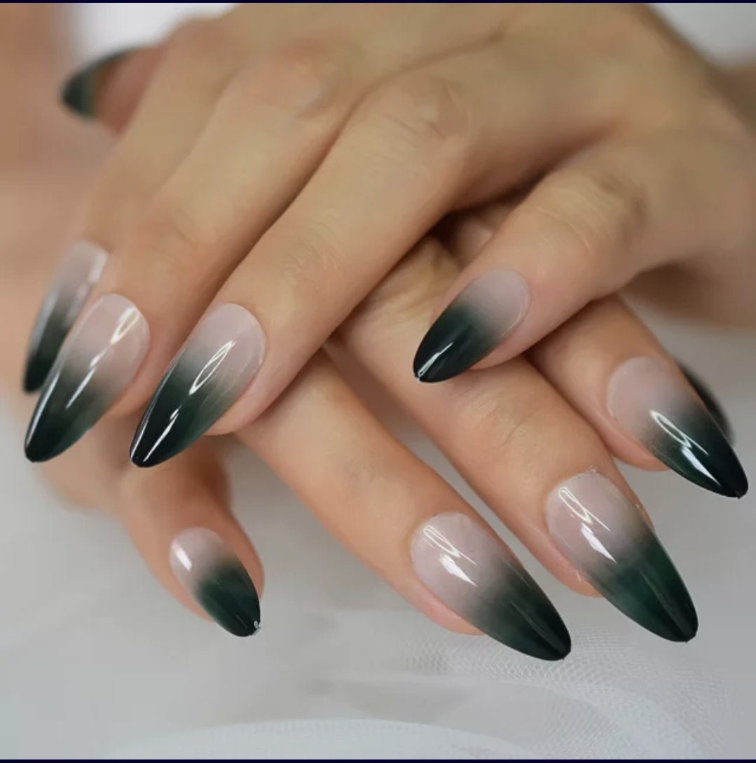 Green Ombre Long Press On Nails – Nude French Tip Stiletto Almond Shape Glue On surethings