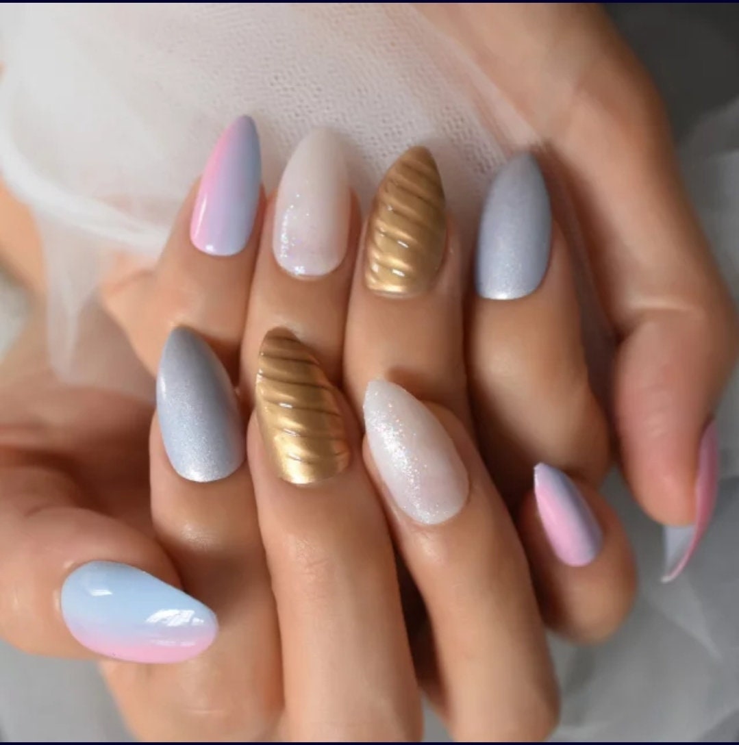 Unicorn ombre almond press on nails – pastel purple and gold swirl glue-on nails with kawaii horn design, 24-piece kit surethings