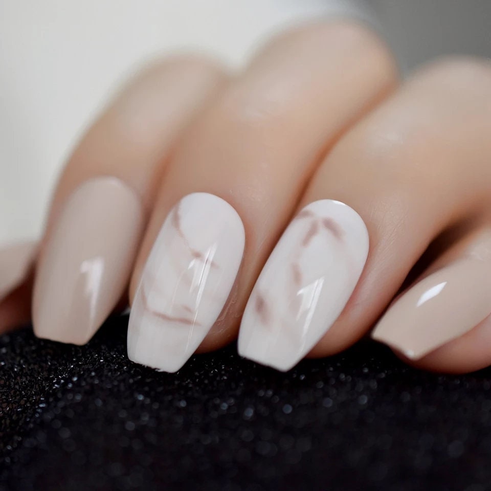 24 Cream nude Marble Long Press on Nails kit glue on white medium coffin khaki