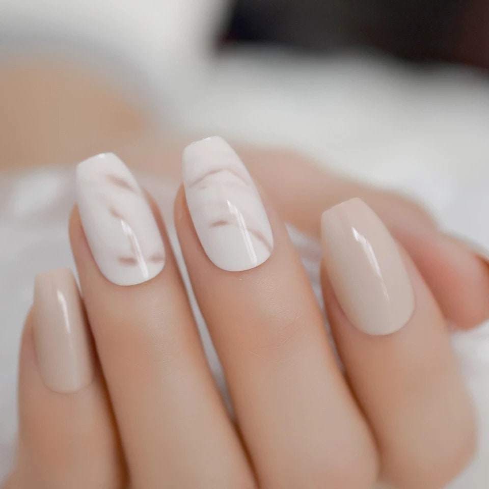 24 Cream nude Marble Long Press on Nails kit glue on white medium coffin khaki