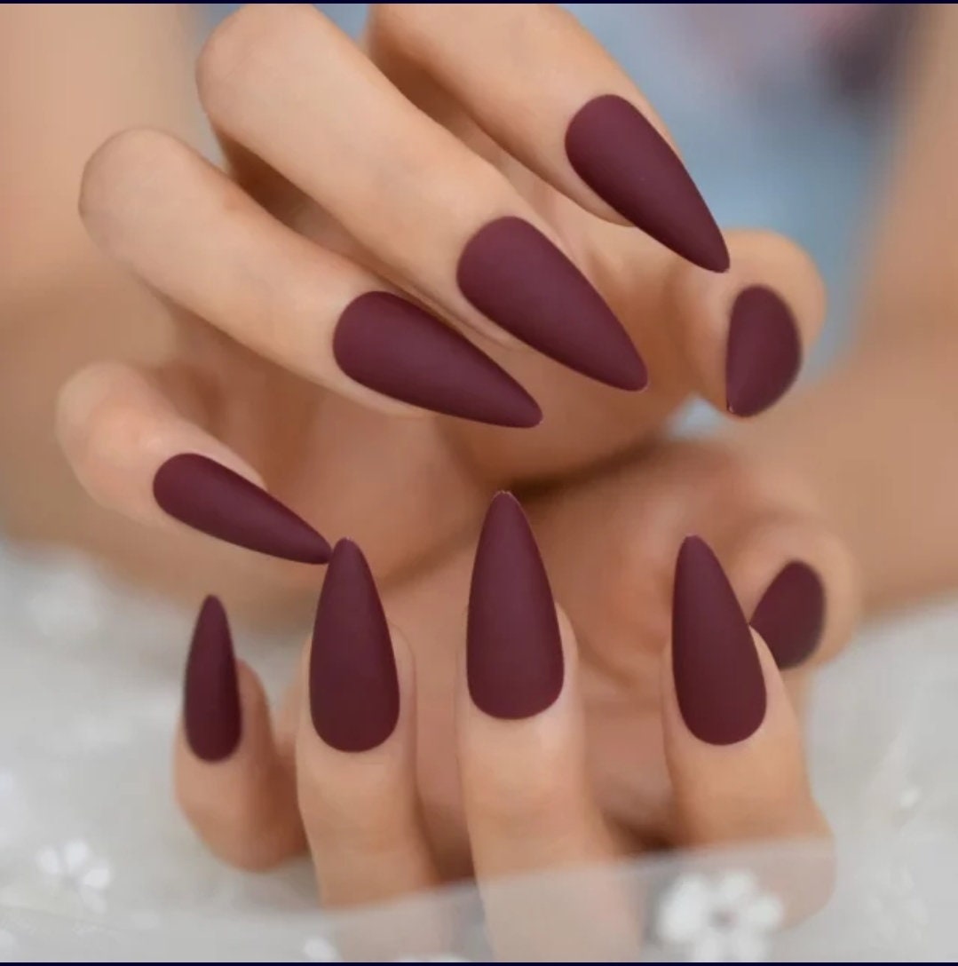 24 matte maroon long stiletto press on nails – pointed dark red gothic style surethings