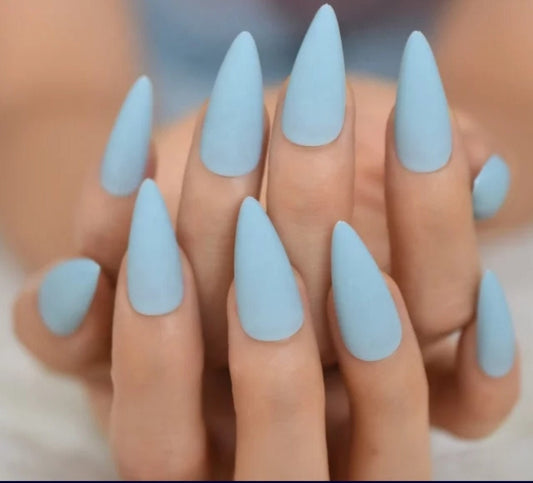 Matte pastel denim blue long press-on nails in stiletto shape – 24 pcs kawaii nail kit surethings