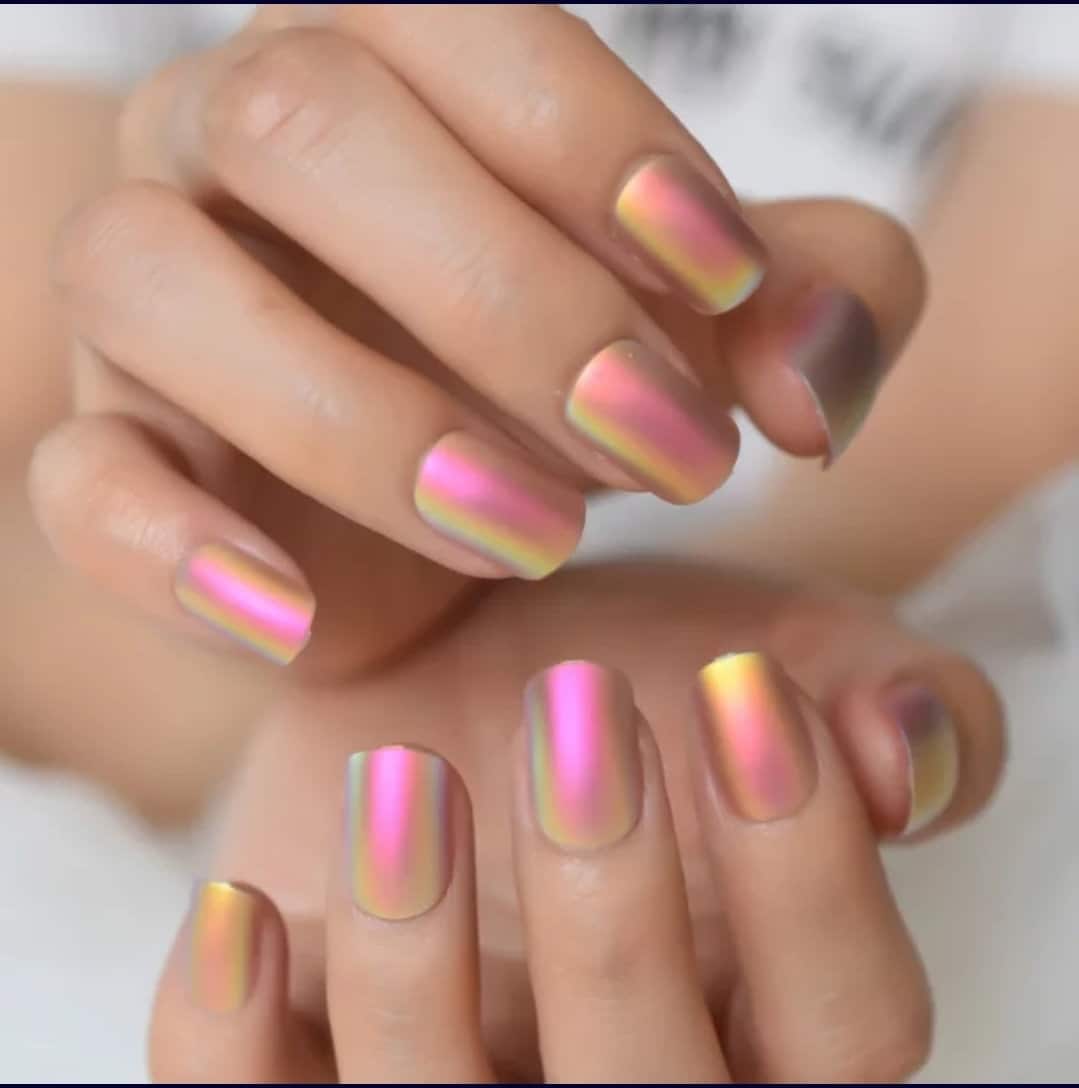24 Matte Holographic iridescent Unicorn Short Press on nails glue on pink shimmer tan orange purple unique desert glow multicolor