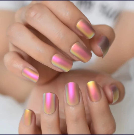 24 Matte Holographic iridescent Unicorn Short Press on nails glue on pink shimmer tan orange purple unique desert glow multicolor