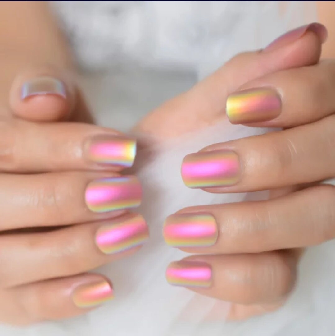 24 Matte Holographic iridescent Unicorn Short Press on nails glue on pink shimmer tan orange purple unique desert glow multicolor