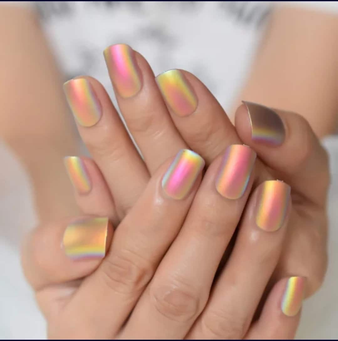 24 Matte Holographic iridescent Unicorn Short Press on nails glue on pink shimmer tan orange purple unique desert glow multicolor