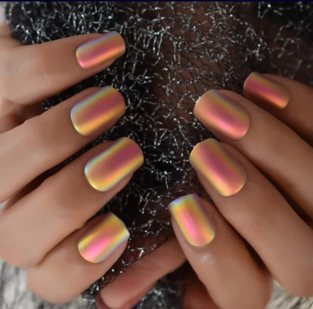24 Matte Holographic iridescent Unicorn Short Press on nails glue on pink shimmer tan orange purple unique desert glow multicolor