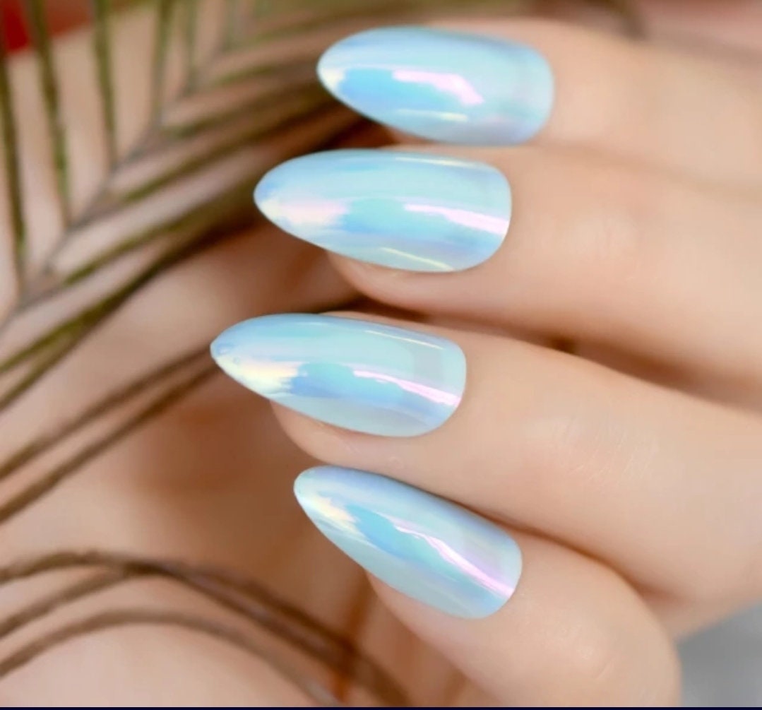 24 PCS Long Press On Nails Holographic Baby Blue Winter Unicorn Nail Set surethings