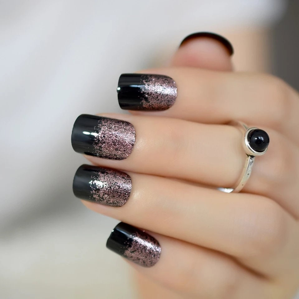 24 pcs Black Pink Glitter Ombre Short Press on nails glue on kit goth alt cute square