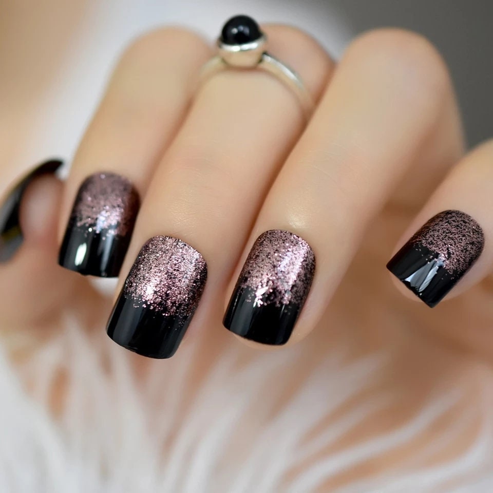 24 pcs Black Pink Glitter Ombre Short Press on nails glue on kit goth alt cute square