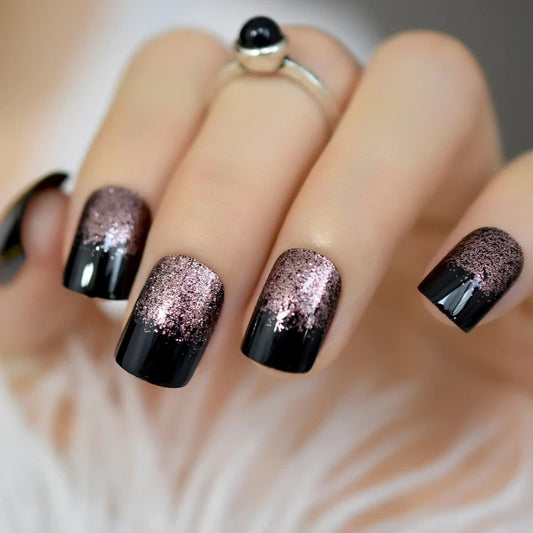 24 pcs Black Pink Glitter Ombre Short Press on nails glue on kit goth alt cute square