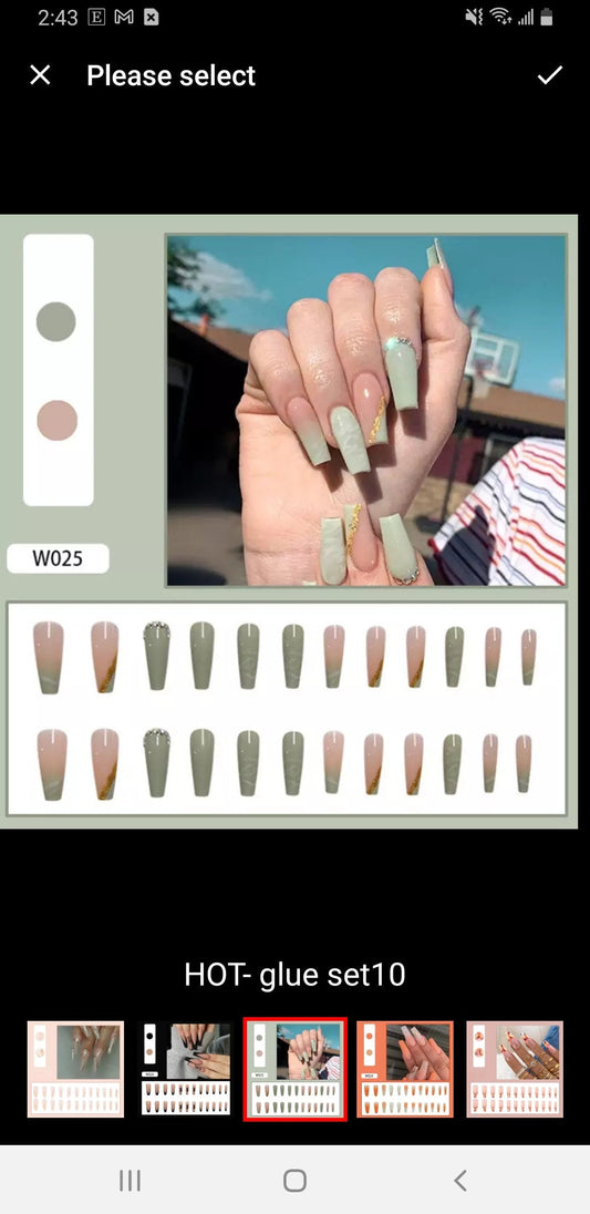 Green Jade Coffin Long Press On Nails – Nude Gold Sage Marble Glue-On Kit surethings