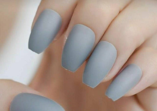 24 Matte Gray medium coffin Long Press On Nails kit glue on gray