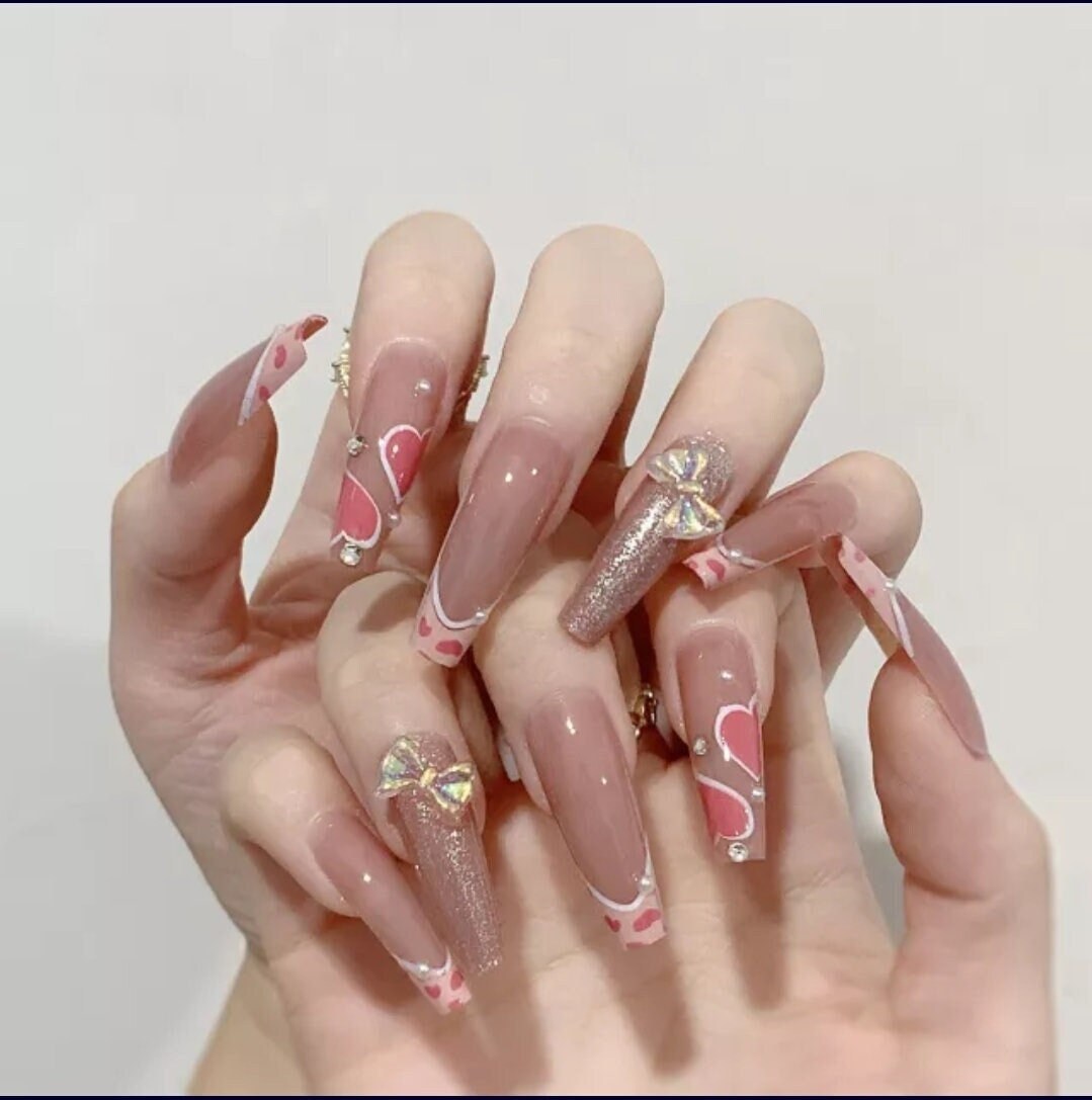 24 Nude Long Press On Nails Hearts Bows Glossy  Coffin glue on cream pink cute kawaii glitter