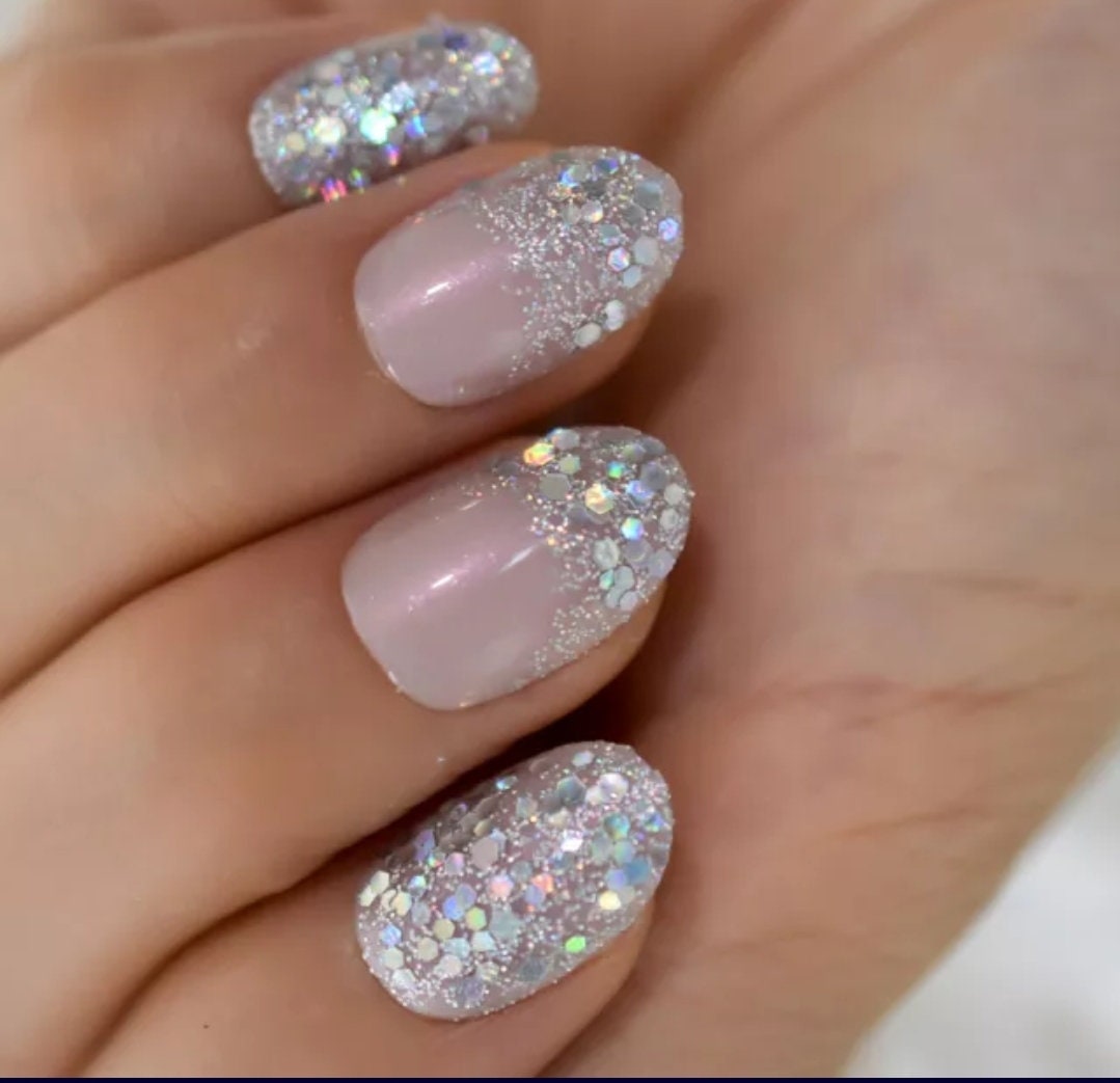 24 pink nude Short Press on nails Holographic glitter oval almond iridescent Unicorn glue on pink shimmer