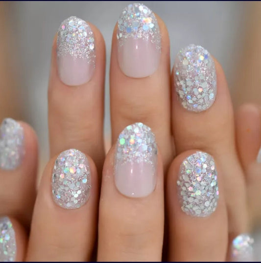 24 pink nude Short Press on nails Holographic glitter oval almond iridescent Unicorn glue on pink shimmer