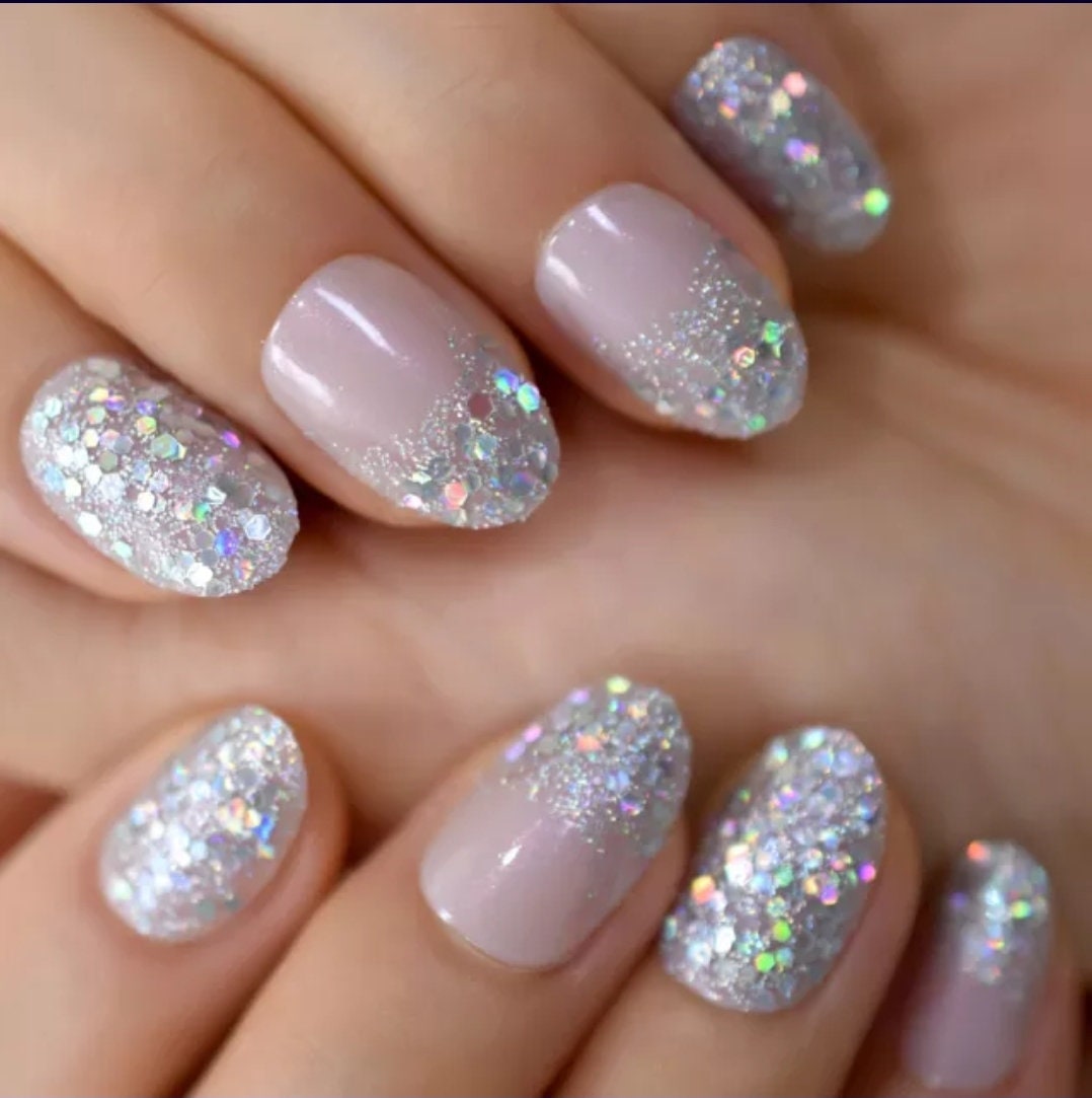 24 pink nude Short Press on nails Holographic glitter oval almond iridescent Unicorn glue on pink shimmer