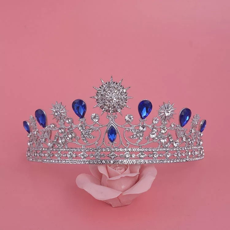 Silver Sapphire Blue Tiara Crown Headdress half royal wedding princess birthday gift sun