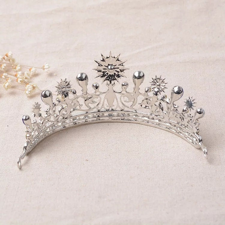 Silver Sapphire Blue Tiara Crown Headdress half royal wedding princess birthday gift sun
