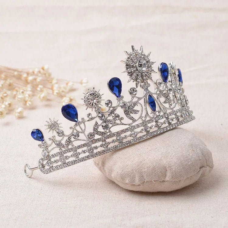 Silver Sapphire Blue Tiara Crown Headdress half royal wedding princess birthday gift sun