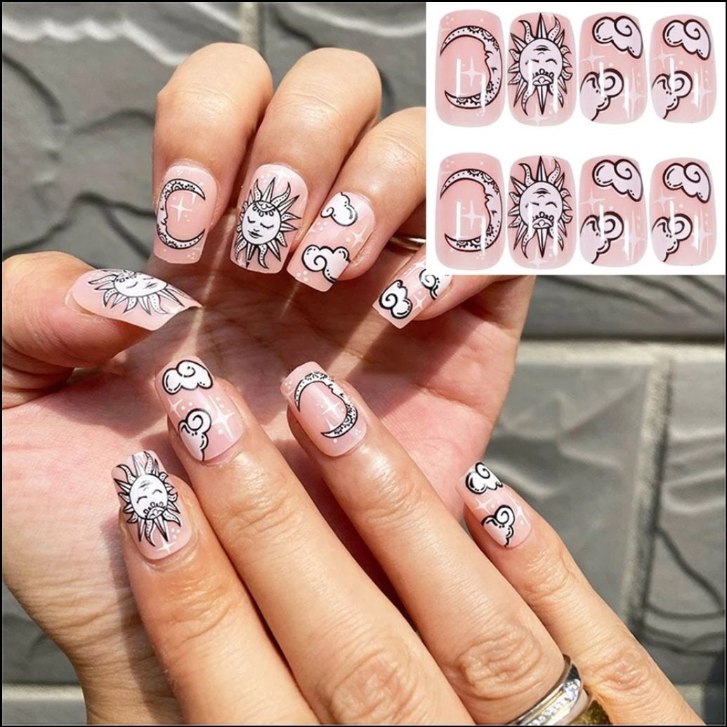 Christmas Press On Nails in Pink Cloud Celestial Design with Moon and Stars surethings