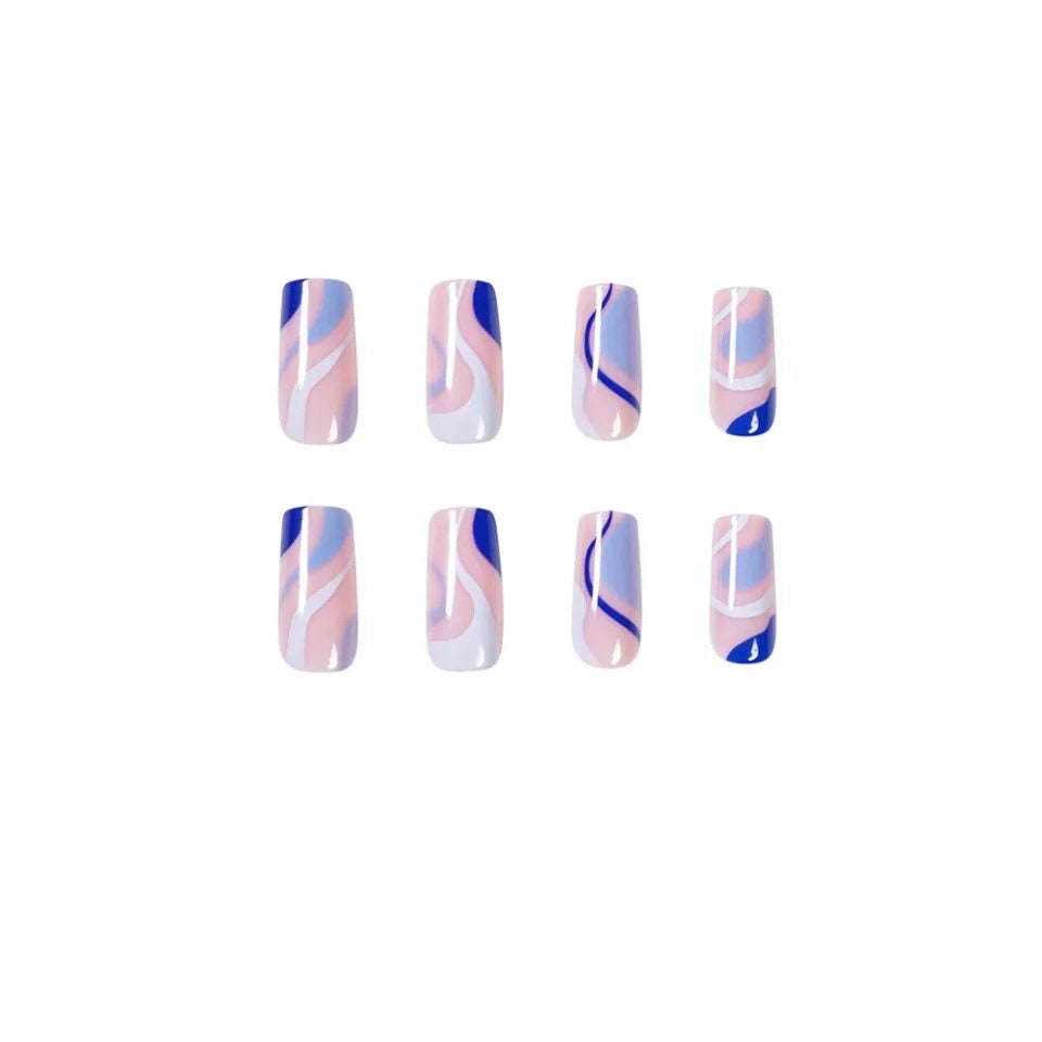 24 Nude Blue Swirl design Long Press on nails glue on Coffin manicure