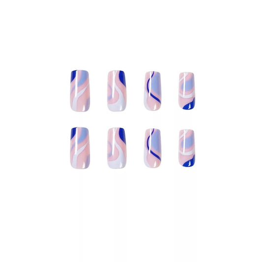 24 Nude Blue Swirl design Long Press on nails glue on Coffin manicure