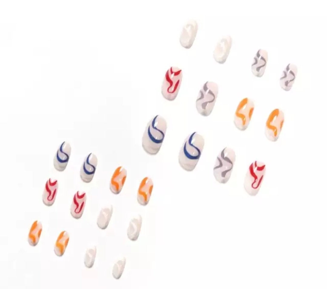 Long Press on Nails – 24 PCS Nude Multicolor Swirl Almond Nails with Glue  surethings