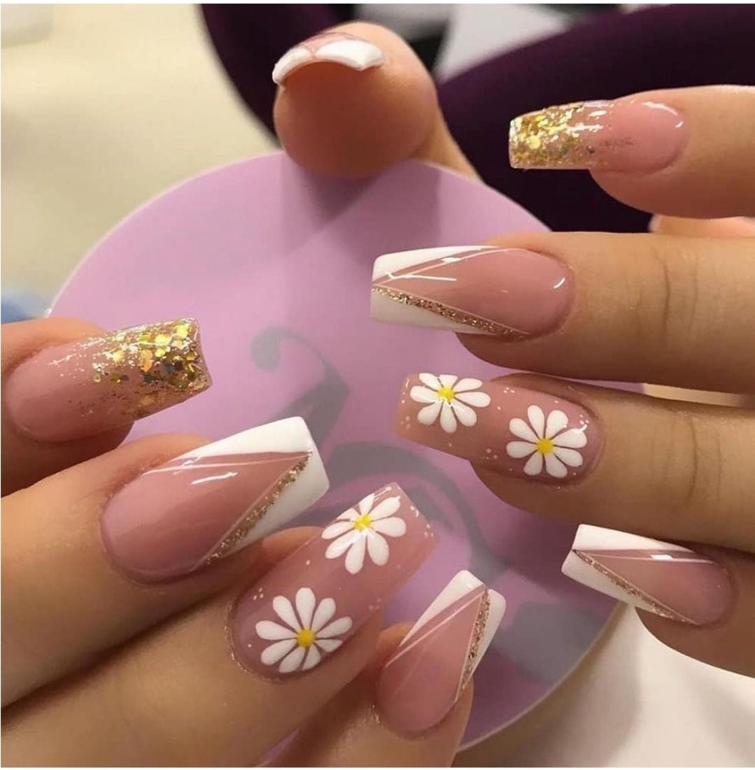 Long press on nails with sunflower design, nude and gold glitter, coffin French tip – 24 glue-on set surethings