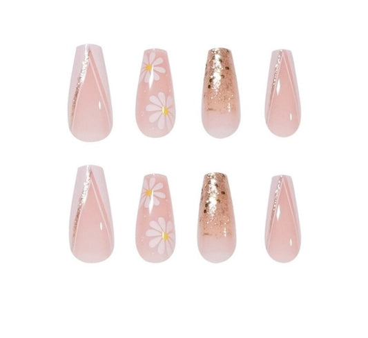 Long press on nails with sunflower design, nude and gold glitter, coffin French tip – 24 glue-on set surethings