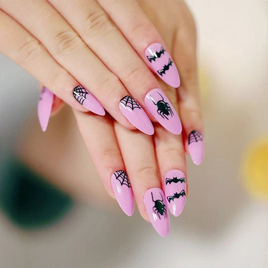 24 Spiderweb Spooky Pink Long Press on nails kit bats spider glue on Goth witchy alt edgy Halloween medium