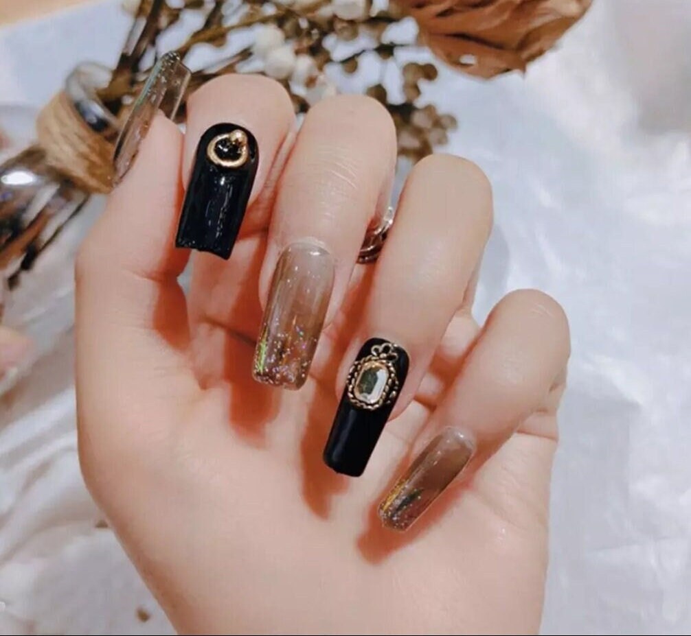 24 Goth Square Monochrome Clear Ombre French Glitter rim Long Press On Nails kit glue on purple dark jelly