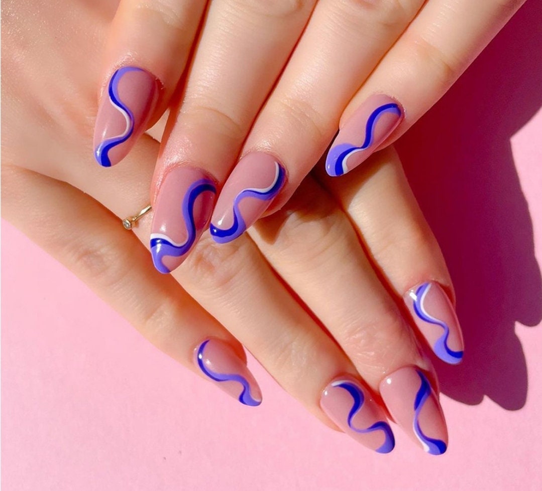 24 Nude Blue Swirl design Long Press on nails glue on Coffin manicure
