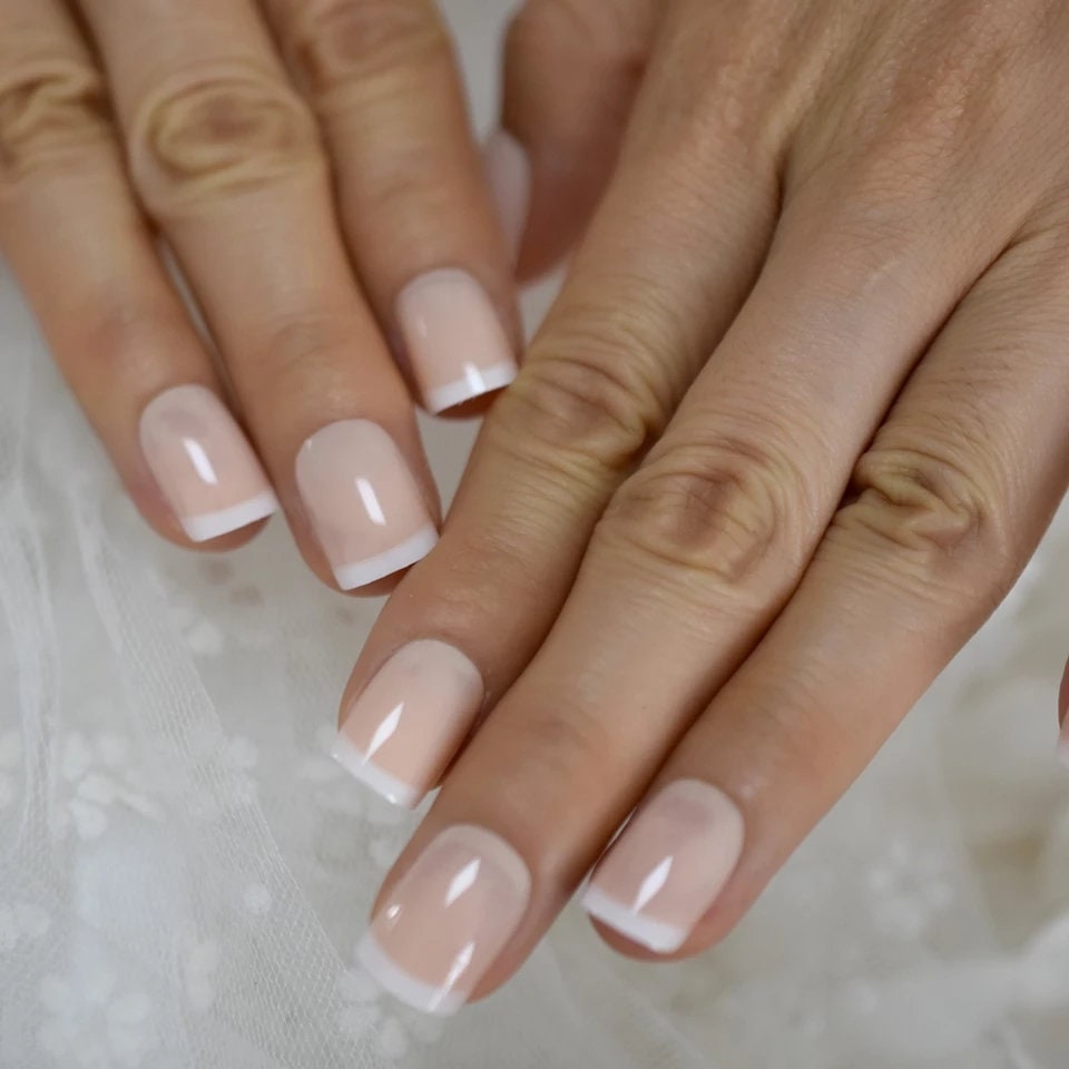 24 French Mani Short Press On Nails white tip baby boomer nude natural