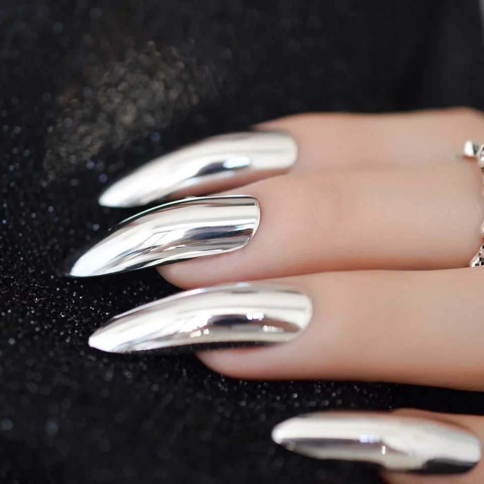 24 Pcs Silver Chrome Long Press On Nails – Extra Long Stiletto Mirror Metallic Claws surethings