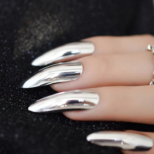 24 Pcs Silver Chrome Long Press On Nails – Extra Long Stiletto Mirror Metallic Claws surethings