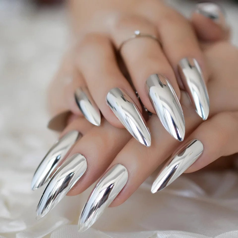 24 Pcs Silver Chrome Long Press On Nails – Extra Long Stiletto Mirror Metallic Claws surethings