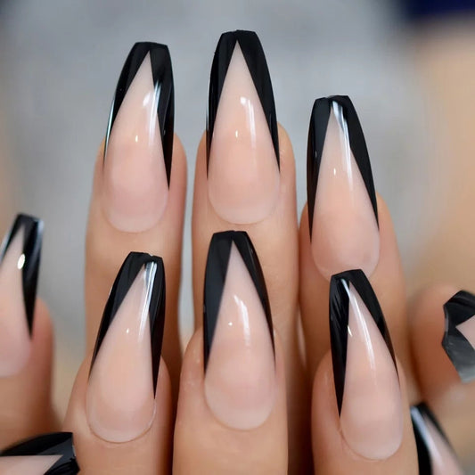 Black Tip French Rim Long Press On Nails – V Shape Glue-On Gothic Nail Set  surethings