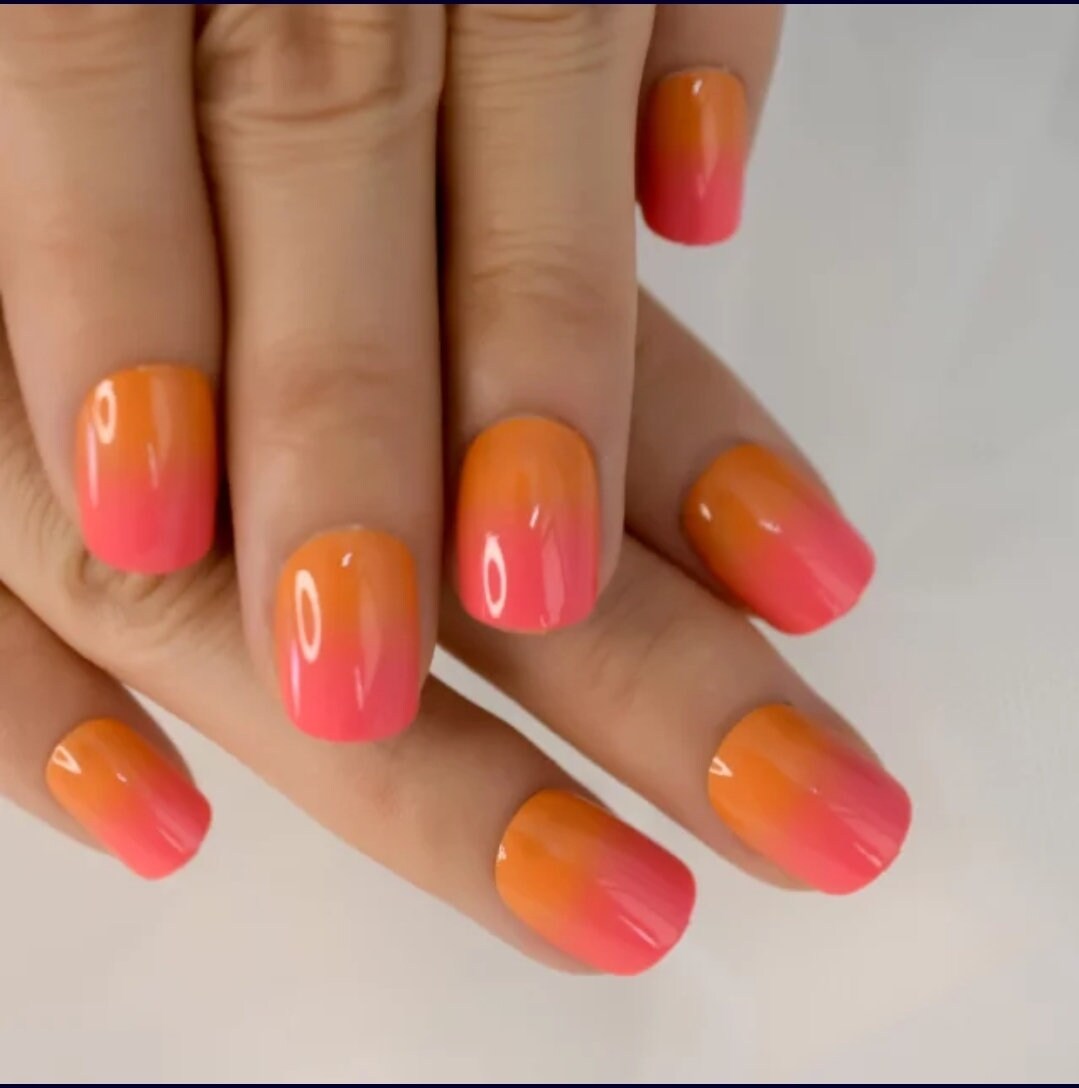 Short press on nails – fire ombre neon orange and pink gel shine, 24-piece two-tone manicure surethings