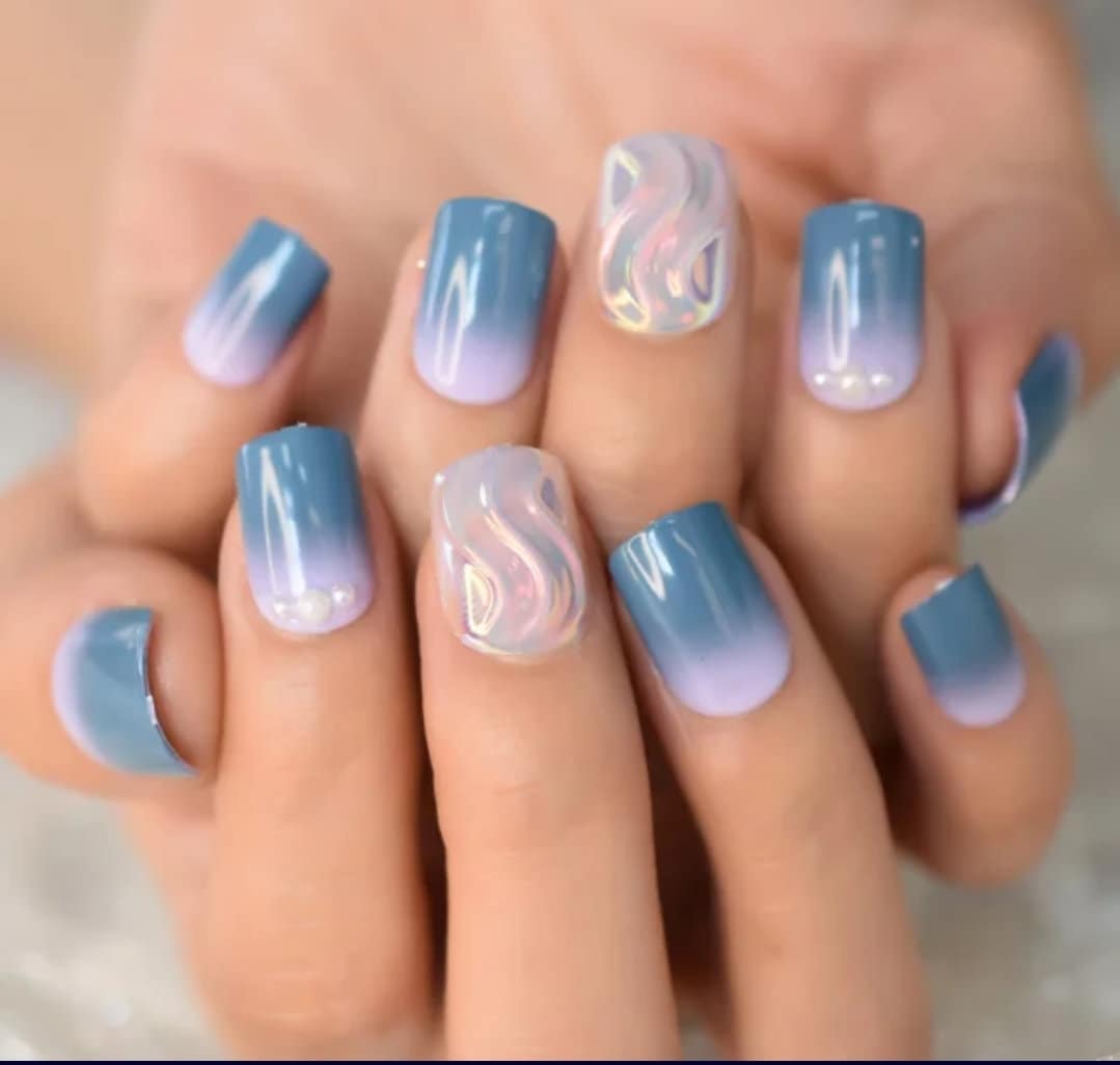 24 Unique Short Press On Nails Ombre purple blue holographic Glue On trendy Unicorn swirl texture artsy multicolor